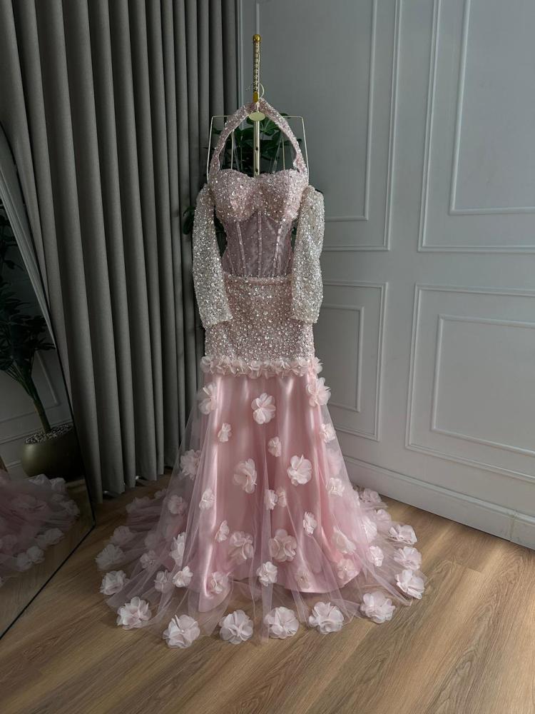 Evening dress in flesh color with beaded embroidery, crystal flower embroidery, cut lace, beaded tulle, tulle, from Jowhara MN D LA store