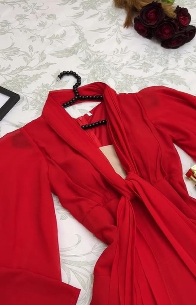 فستان ناعم خامه   جورجيت الالوان احمر وفسفوري