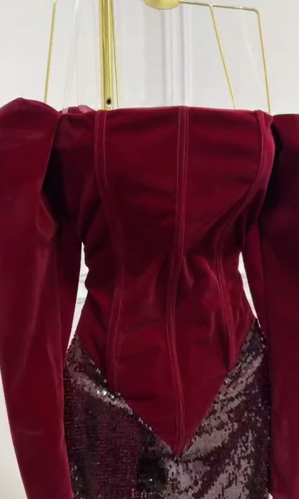 Evening dress burgundy color fabric Korean jacquard with sequins from Jewel LV store