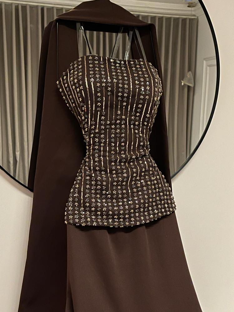 Evening dress in Barbie brown color with beads and lace from Huwara MN store