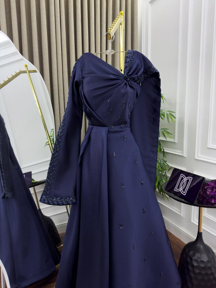Evening dress Mikado embroidery color navy