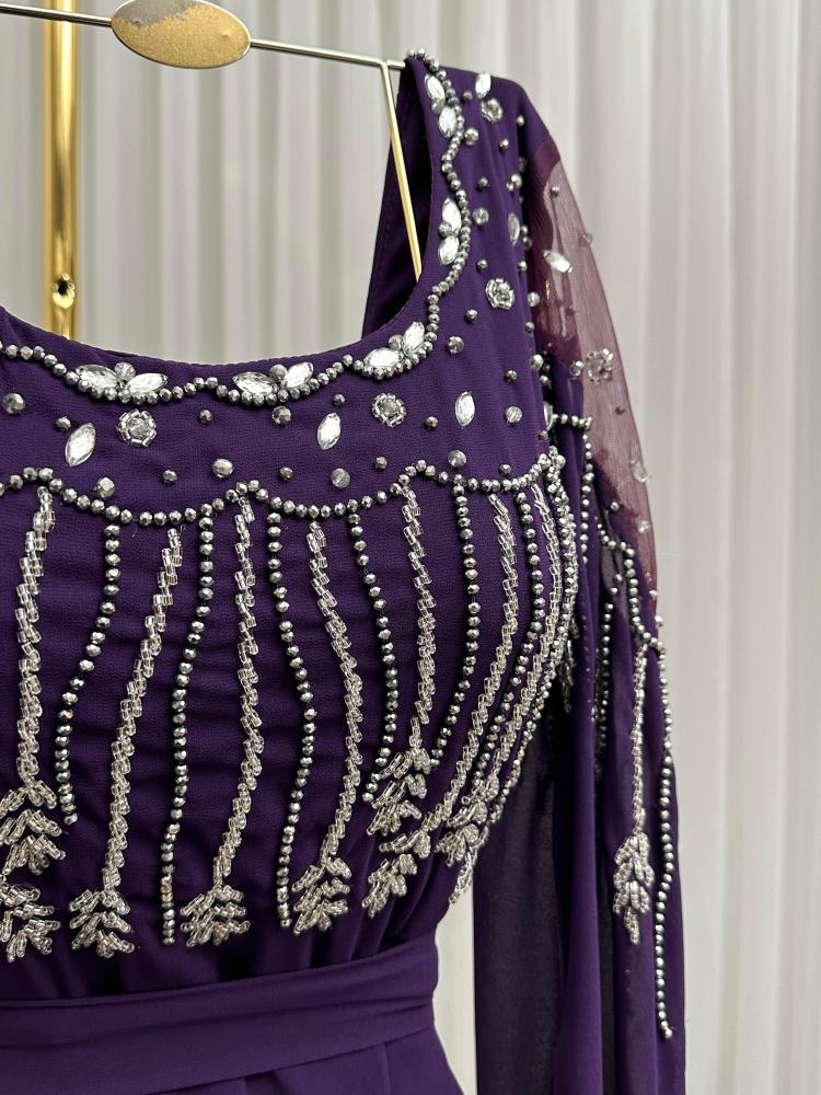 Evening dress, purple and sky blue colors, material chiffon georgette, hand embroidery, elegant LS