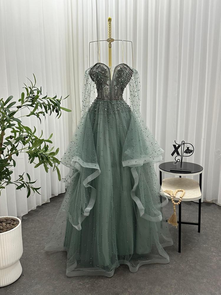 Evening dress Tiffany color fabric type embroidered net with beads from Jewel store X