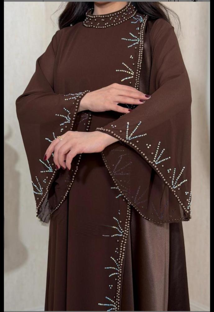 Galabiya, lining material, torn chiffon, embroidery, pearl buttons, brown color, from Jewel Store D