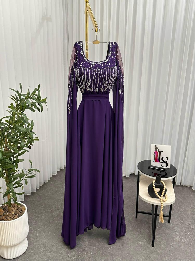Evening dress, purple and sky blue colors, material chiffon georgette, hand embroidery, elegant LS