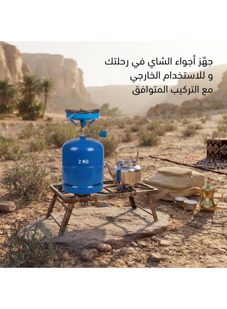 طقم جرة غاز رحلات 1 كيلو كامبنج فاميلي مع راس طباخ وشعلة وشنطة حمل، اسطوانة غاز صغيرة قابلة للتعبئة ودافور للكشتات والرحلات والشاي، معتمد من ساسو، أزرق