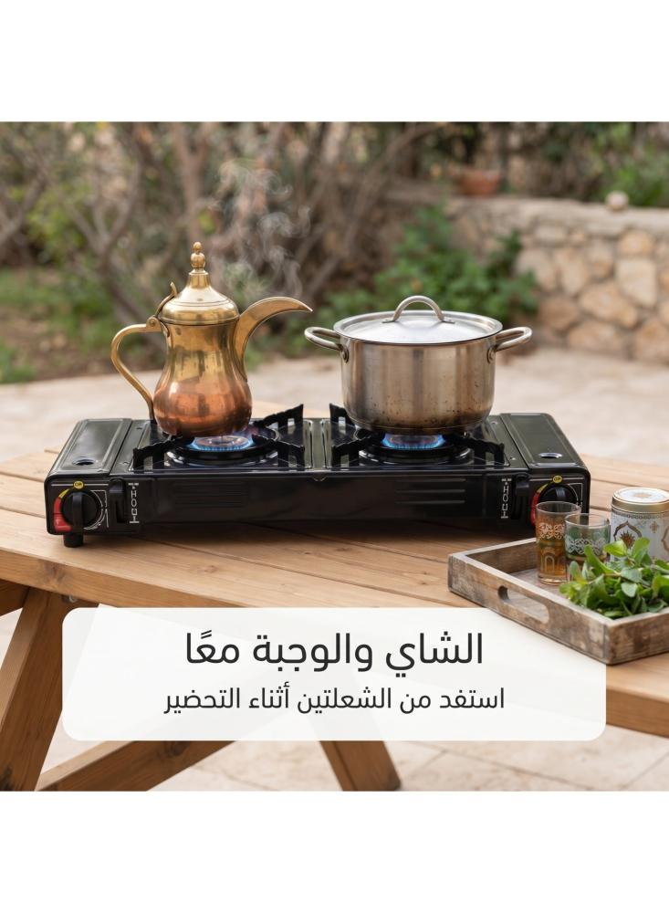 طباخ غاز محمول بشعلتين من أفراس T771، دافور رحلات بيوتان شعلتين بإشعال أوتوماتيك وفصل تلقائي للغاز وتحكم باللهب للكشتات والتخييم والمنزل، أسود