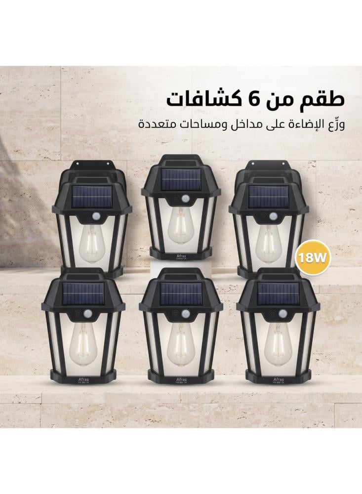 كشاف جداري بالطاقة الشمسية مع حساس حركة من أفراس HW999-1W قوة 18 واط، طقم 6 قطع، فانوس إضاءة خارجية بشكل لمبة كلاسيكية، بدون تمديدات، للحديقة والبوابة وسور الفيلا والسطح والاستراحة