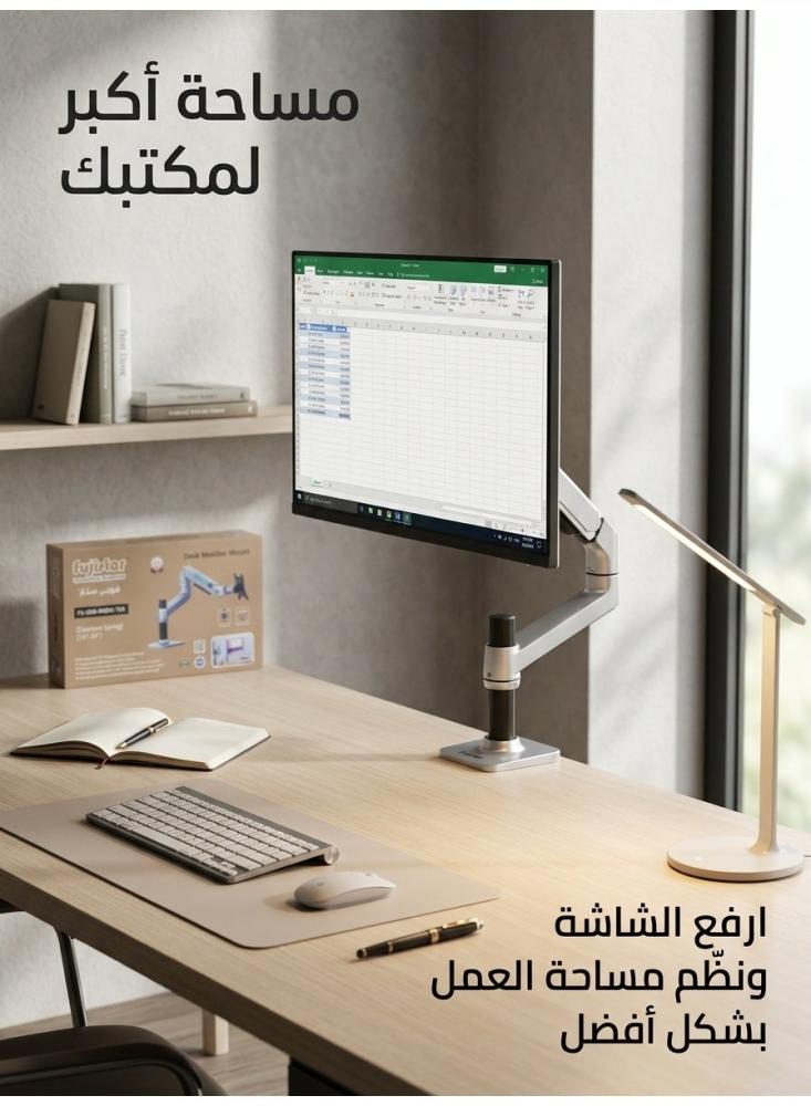 حامل شاشة كمبيوتر مكتبي فوجي ستار FS-SDB-ROBO-755 لشاشة واحدة من 13 إلى 34 بوصة، ذراع زنبركي بحركة كاملة، يتحمل 11.3 كجم، فيسا 75/100، تثبيت بمشبك أو فتحة، فضي