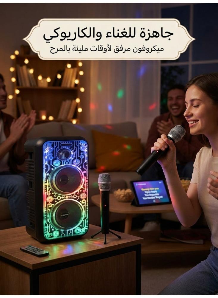 سماعة حفلات محمولة متعددة الوظائف مايكرو بلس بسماعتين 6.5 بوصة، إضاءة LED، مايكروفون وريموت كنترول، صوت HiFi، بطارية قابلة للشحن، ضمان سنتين