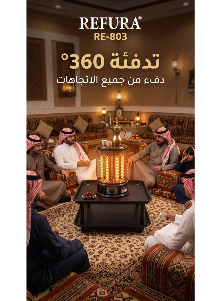 دفاية كهربائية دائرية 360 درجة ريفورا RE-803 بقدرة 2000 واط مع صينية مربعة على شكل طاولة جانبية، 6 شمعات كوارتز، 3 مستويات 650/1350/2000 واط، مفتاح أمان، عجلات، أسود