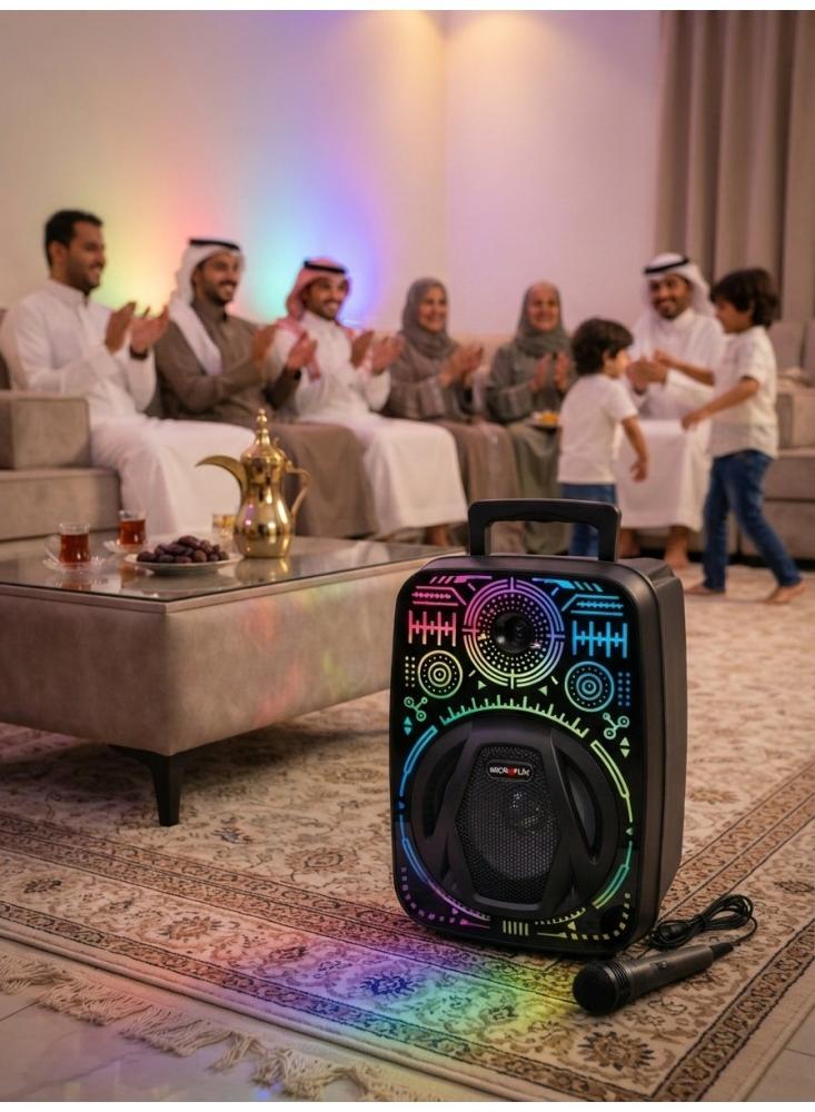 سماعة حفلات محمولة مايكرو بلس PS-4834 مقاس 8 بوصة مع إضاءة LED، مايكروفون سلكي، مقبض حمل، صوت HiFi وبطارية قابلة للشحن، ضمان سنتين، أسود