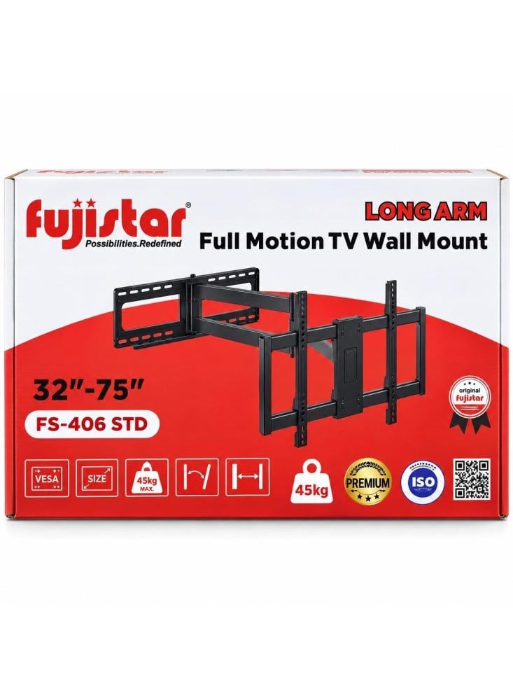 حامل شاشة جداري متحرك فوجي ستار FS-406 STD بذراع طويل للشاشات من 32 إلى 75 بوصة، فيسا حتى 600×400، يتحمل حتى 45 كجم، تمديد من 8.3 حتى 108 سم، إمالة ±10 ودوران