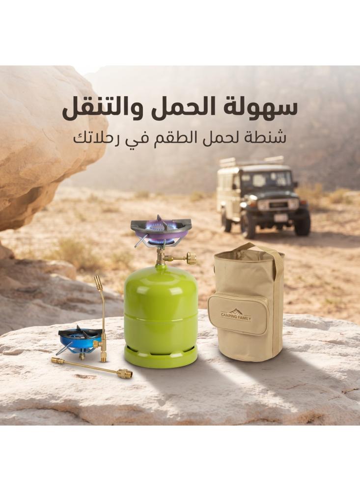 طقم جرة غاز رحلات 1 كيلو كامبنج فاميلي مع راس طباخ وشعلة وشنطة حمل، اسطوانة غاز صغيرة قابلة للتعبئة ودافور للكشتات والرحلات والشاي، معتمد من ساسو، أخضر