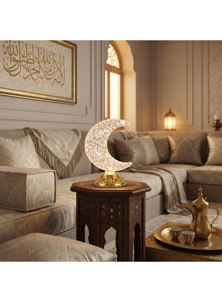 إضاءة رمضان LED على شكل هلال من أفراس، زينة رمضان كريستالية بقاعدة ذهبية، إضاءة ليلية دافئة لديكور البيت والمجلس والعيد