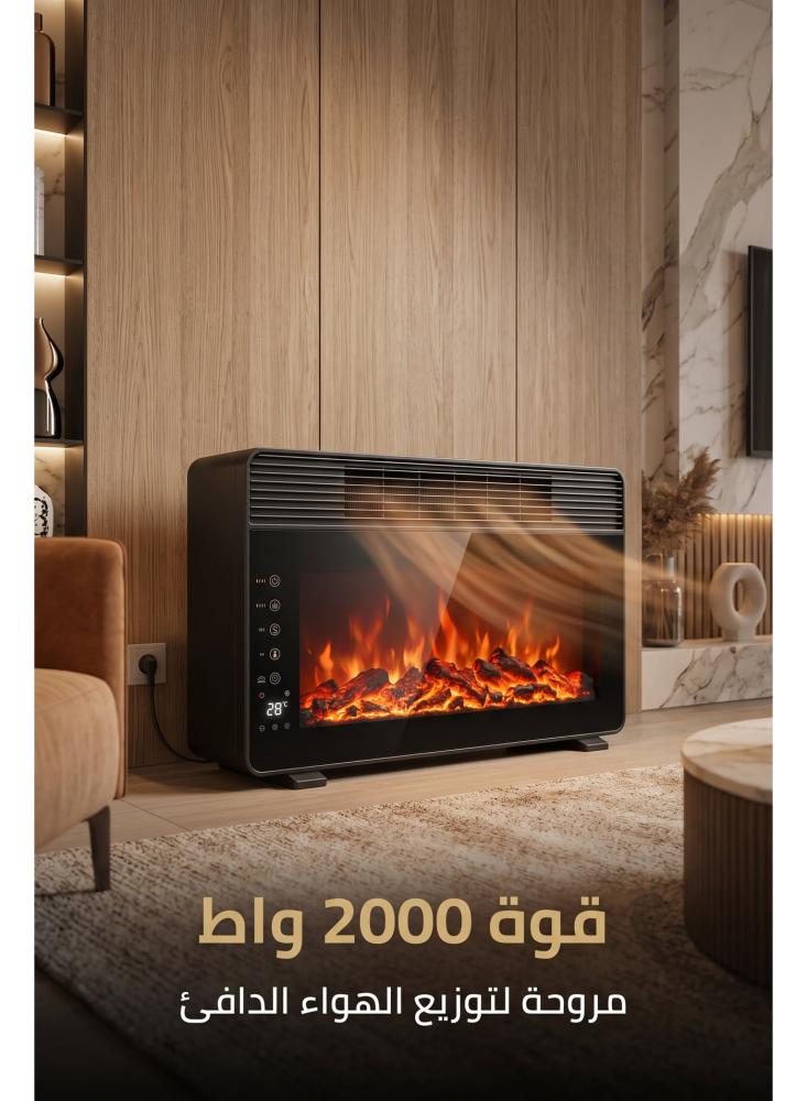 دفاية ديكور كهربائية بلهب ريفورا RE-806 بقدرة 2000 واط، تأثير لهب واقعي، تركيب جداري أو أرضي، شاشة LED للحرارة، ريموت كنترول وخاصية صوتية، حماية من السخونة الزائدة، أسود