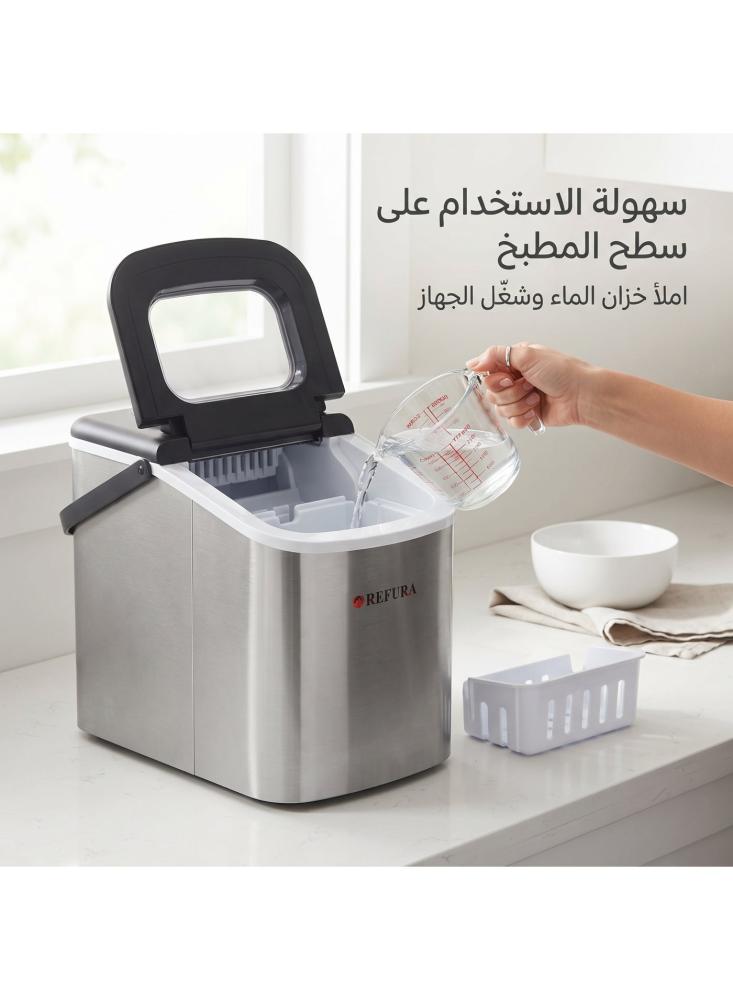 صانعة ثلج ريفيورا RE5312 مكينة ثلج محمولة، أول ثلج خلال 6-8 دقائق، 10 كيلو ثلج يوميًا، خزان 1.1 لتر، جهاز صنع الثلج للمطبخ بمقبض ومغرفة، شكل ستانلس ستيل