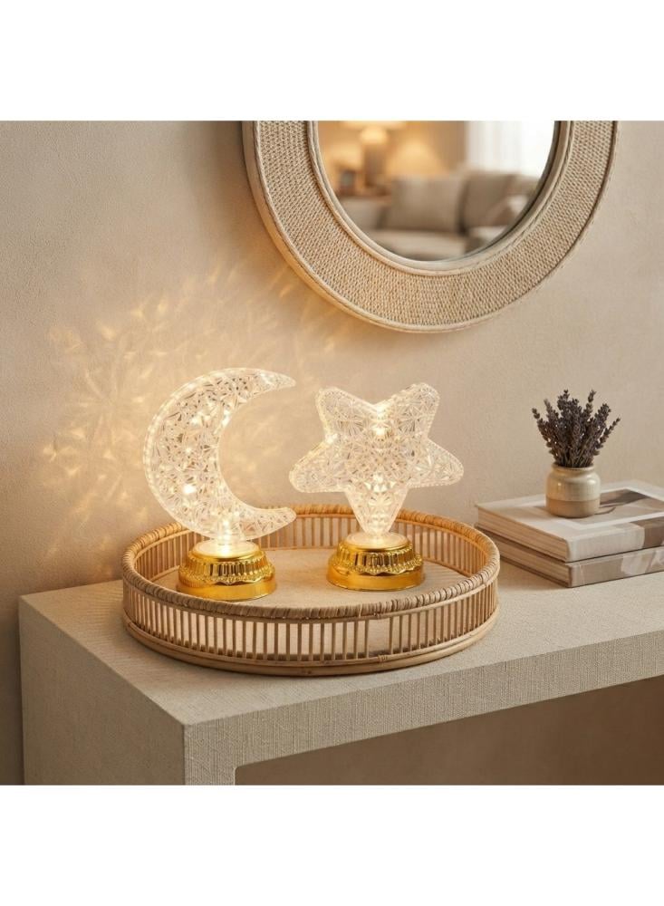 طقم إضاءة رمضان 2 قطعة من أفراس، أباجورة هلال ونجمة LED بتصميم كريستالي وقاعدة ذهبية، زينة رمضان بإضاءة دافئة للبيت والمجلس والعيد