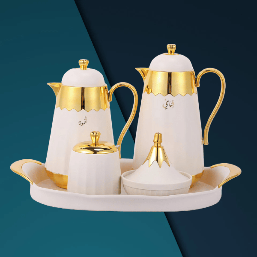 طقم سكري مذهب6قطع ترمس شاي وترمس قهوة وصينية وتمرية وسكرية وملعقة0217744