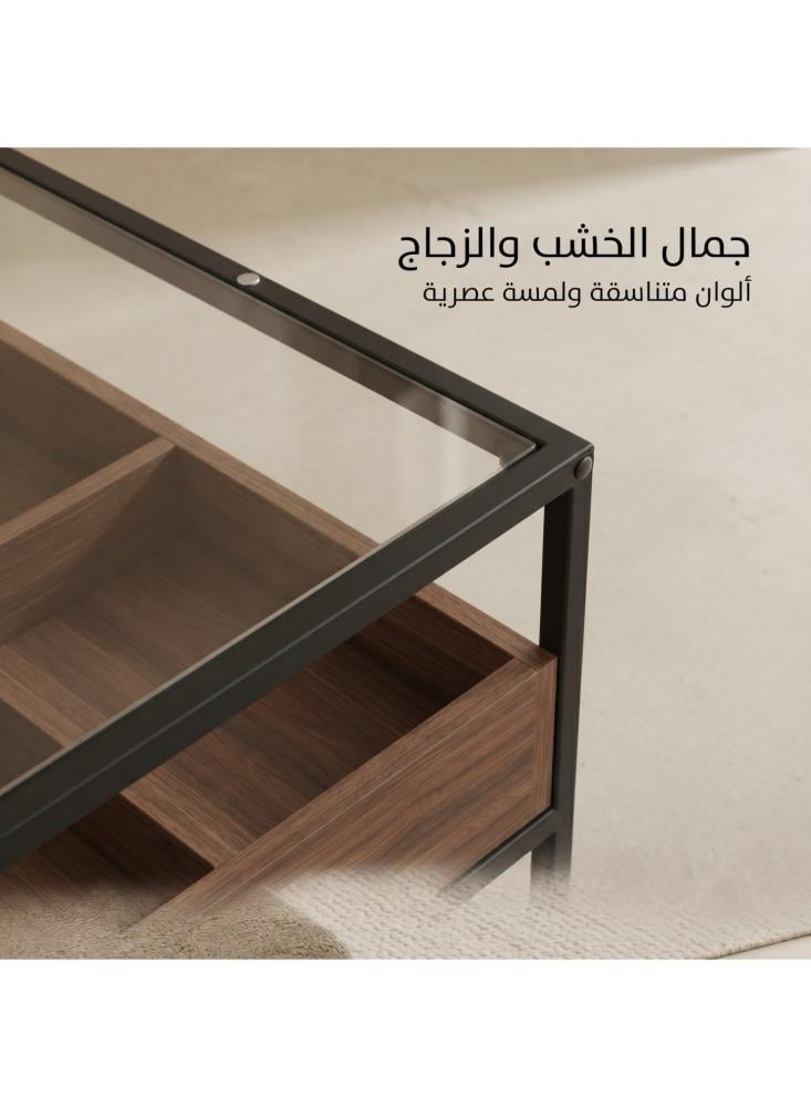 طاولة قهوة بسطح زجاج مع مخزن من أفراس، طاولة جانبية مربعة عصرية بإطار حديد أسود وزجاج مقوى وصندوق عرض خشبي لون جوزي للصالة والمجلس