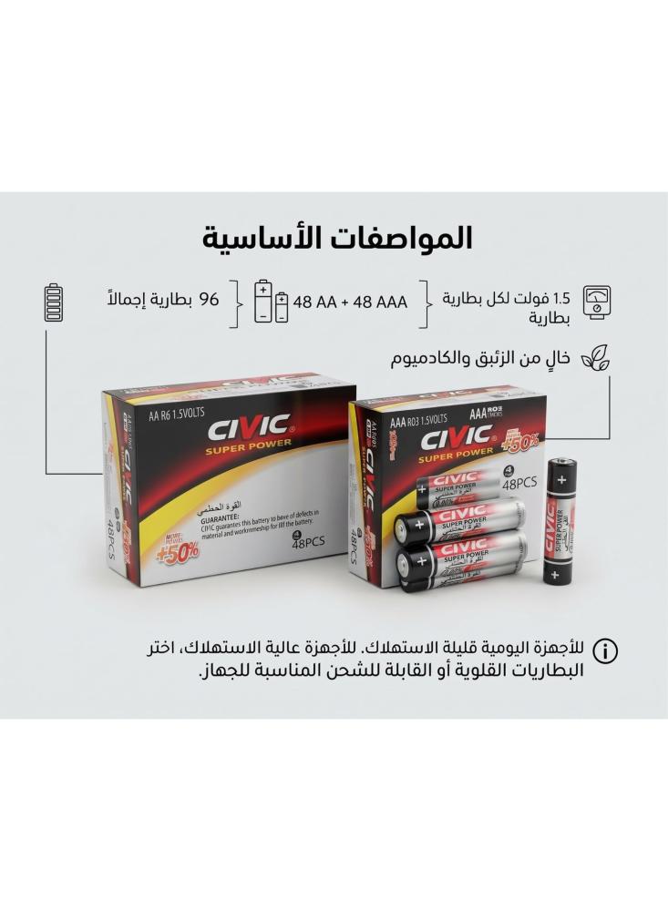 طقم بطاريات سيفيك سوبر باور قلم كبير AA وقلم صغير AAA، علبتين × 48 حبة (96 بطارية)، 1.5 فولت، خالية من الزئبق والكادميوم، للريموت والساعات والألعاب