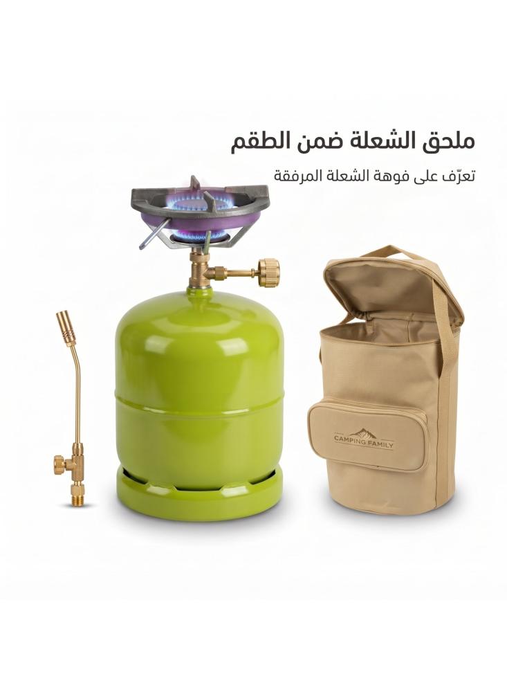 طقم جرة غاز رحلات 1 كيلو كامبنج فاميلي مع راس طباخ وشعلة وشنطة حمل، اسطوانة غاز صغيرة قابلة للتعبئة ودافور للكشتات والرحلات والشاي، معتمد من ساسو، أخضر