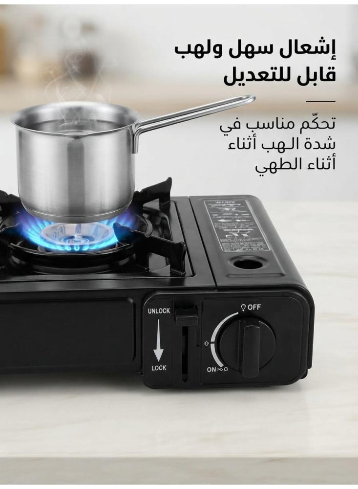 طباخ غاز محمول سبارك مع 3 أسطوانات غاز بيوتان 220 جرام، طباخ رحلات بشعلة واحدة بإشعال سهل وقفل أمان للكشتات والنزهات والمنزل، أسود