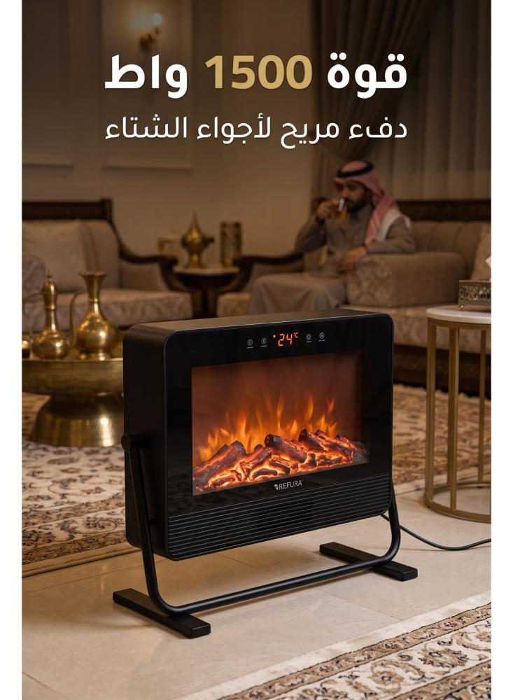 دفاية ديكور كهربائية بلهب ريفورا RE-805 بقدرة 1500 واط، تأثير لهب واقعي، تركيب جداري أو أرضي، شاشة LED للحرارة، لوحة تحكم ذكية باللمس، حماية من السخونة الزائدة، أسود