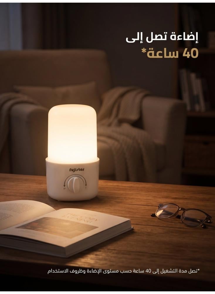 فانوس LED قابل للشحن فوجي ستار FSEL721، تحكم دوار بالإضاءة، شحن USB Type-C، بطارية 1500 مللي أمبير حتى 40 ساعة، إضاءة طوارئ لانقطاع الكهرباء والتخييم، أبيض