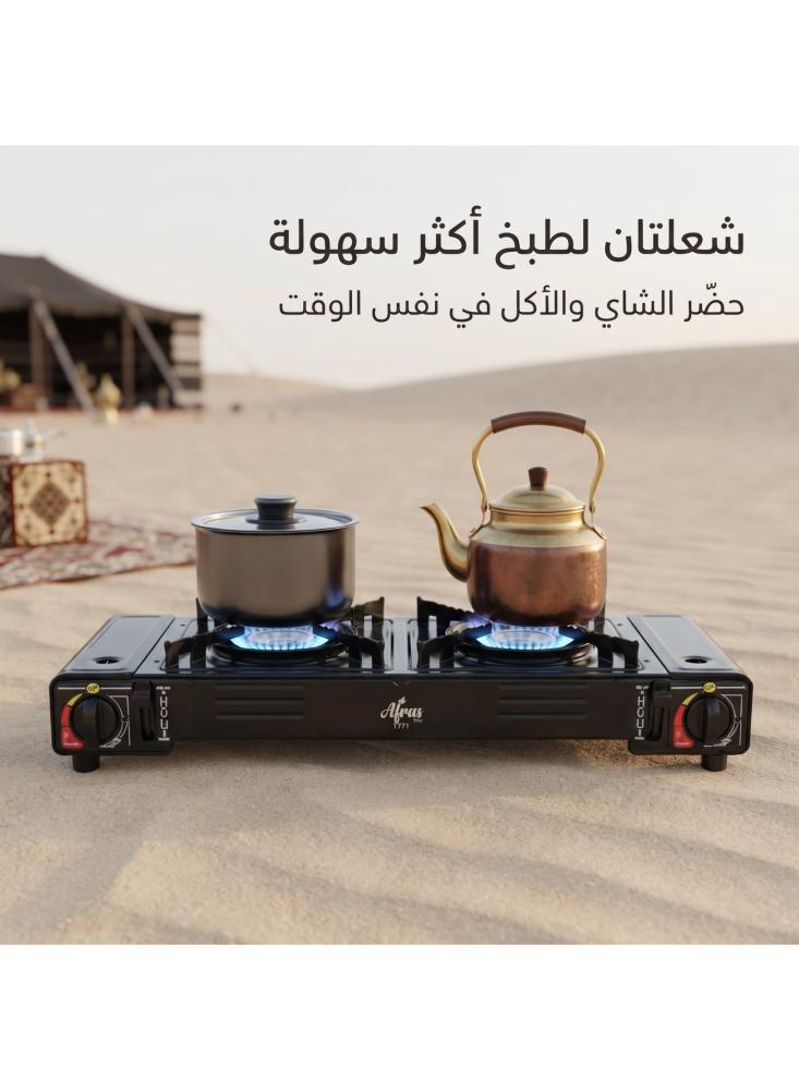 طباخ غاز محمول بشعلتين من أفراس T771، دافور رحلات بيوتان شعلتين بإشعال أوتوماتيك وفصل تلقائي للغاز وتحكم باللهب للكشتات والتخييم والمنزل، أسود