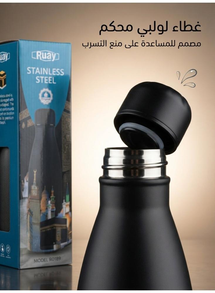 قارورة ماء ستانلس ستيل معزولة 500 مل R0189 بتصميم مكة المكرمة، ترمس مزدوج الجدار يحفظ المشروبات حارة وباردة، مانع للتسرب، هدية إسلامية، أسود