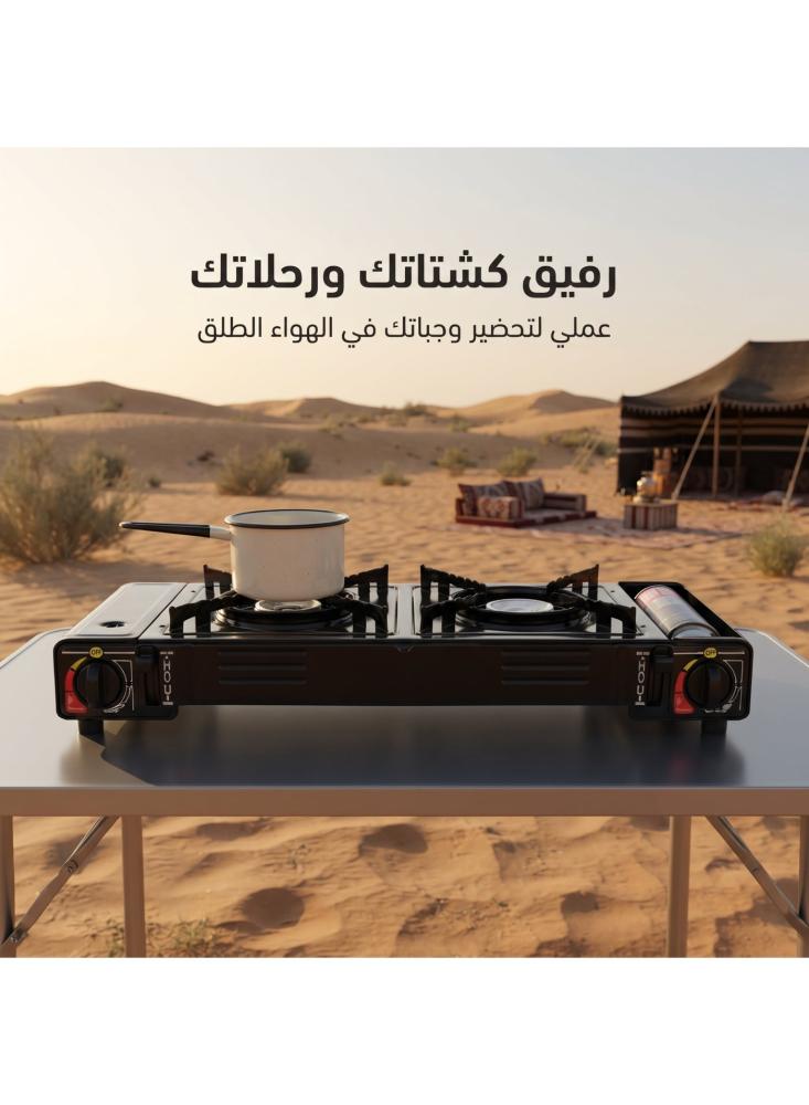 طباخ غاز محمول بشعلتين من أفراس T771 مع 4 علب غاز بيوتان، دافور رحلات بيوتان شعلتين بإشعال أوتوماتيك وفصل تلقائي للغاز وتحكم باللهب للكشتات والتخييم والمنزل، أسود