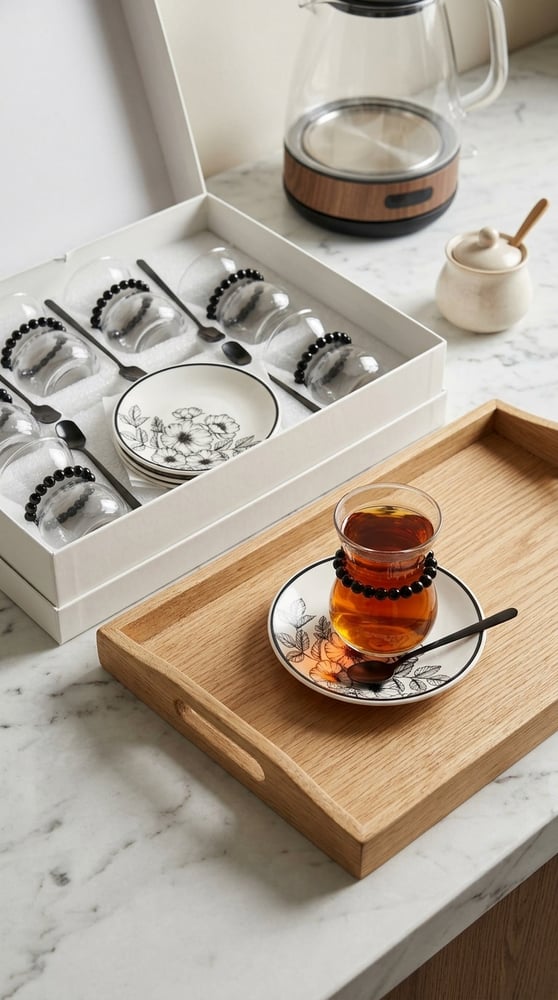Luxury tea cup set with plates in an elegant design for upscale hospitality gatherings