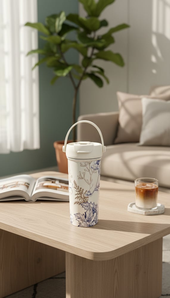 Portable thermal mug with elegant botanical design, airtight lid, and top handle