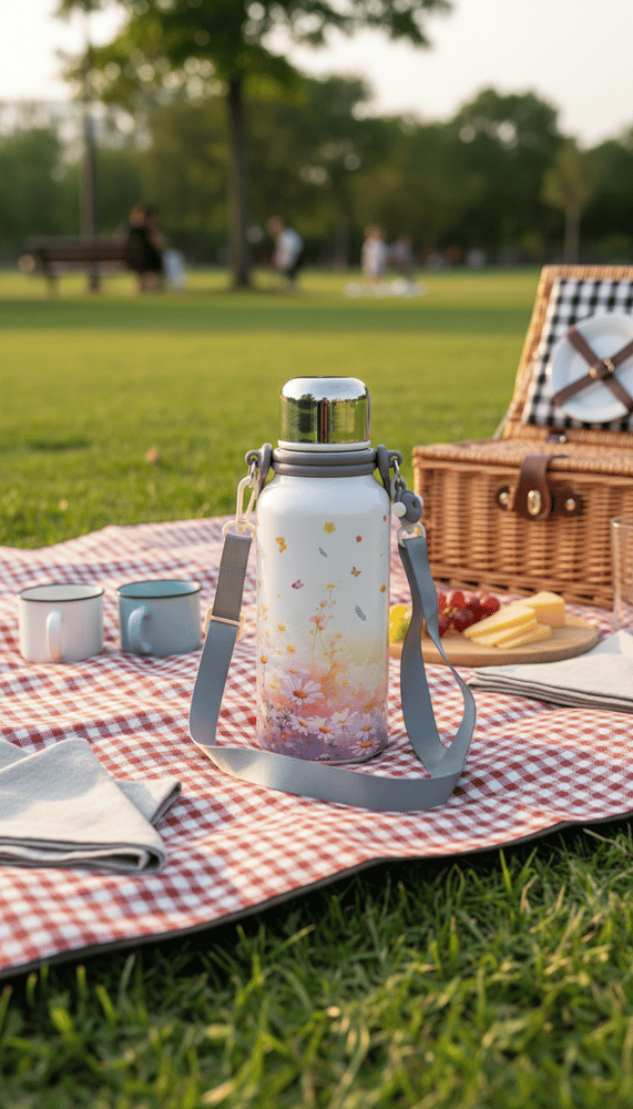 Portable thermal mug with elegant botanical design, airtight lid, and top handle