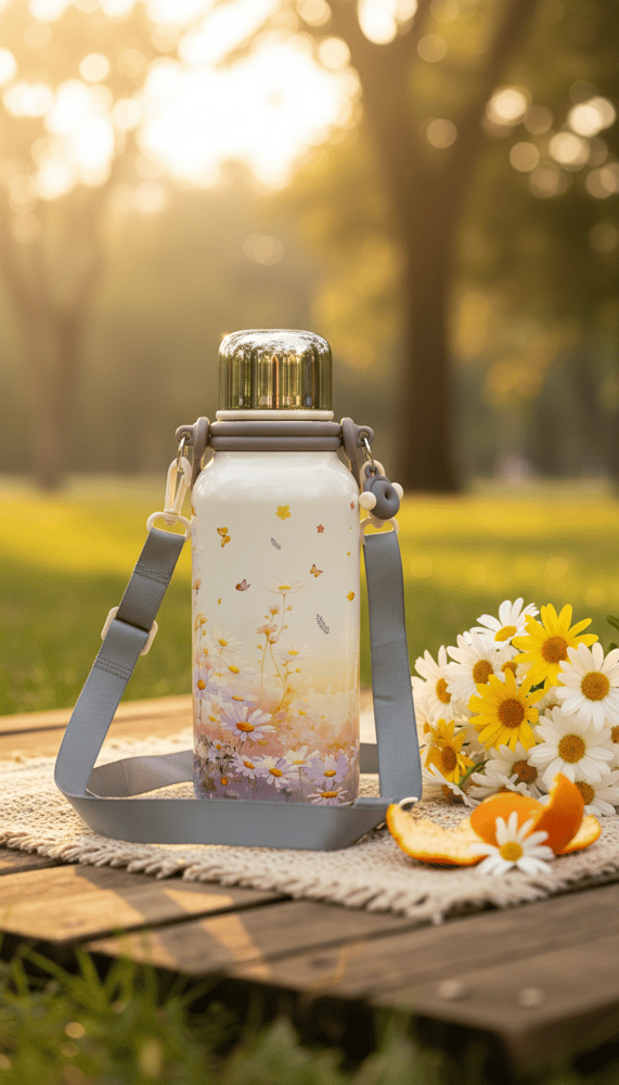 Portable thermal mug with elegant botanical design, airtight lid, and top handle