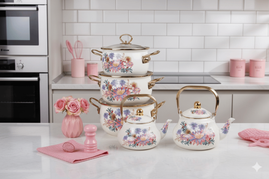 A set of luxurious pots and teapots with floral engravings and an elegant design for the kitchen