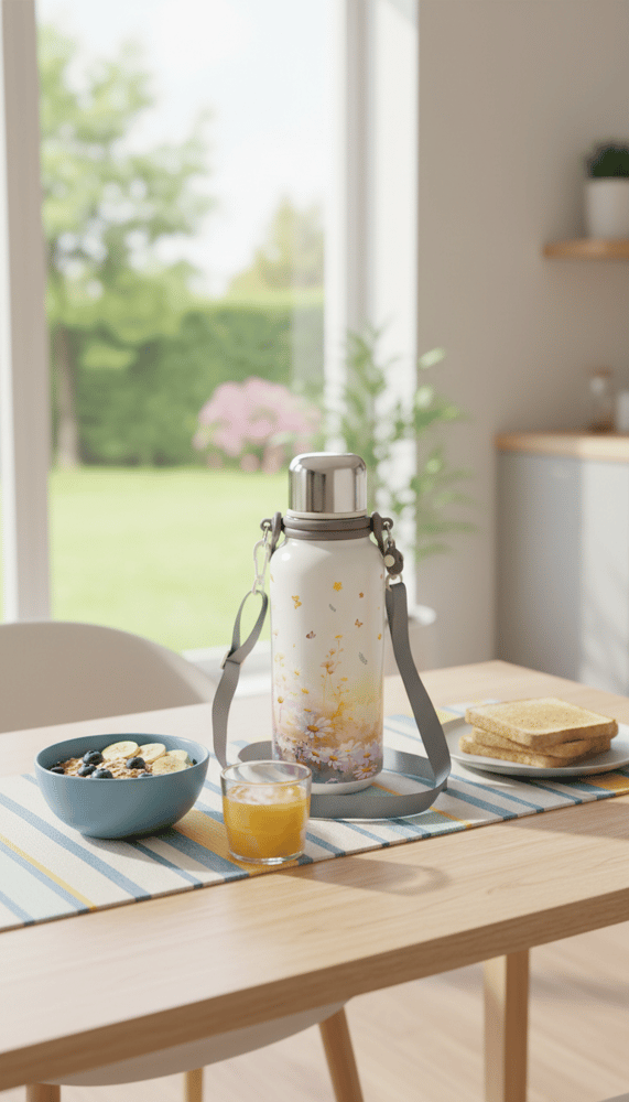 Portable thermal mug with elegant botanical design, airtight lid, and top handle