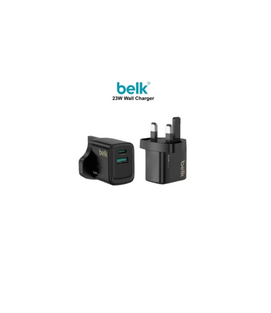 Wall-mounted charger from Belk with 23-watt power for fast charging PD, with two USB ports and one Type-C port, black color