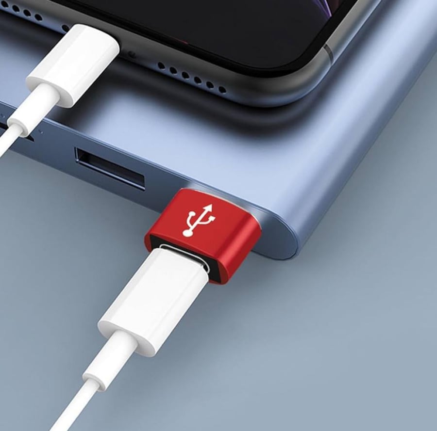 USB-A to USB-C adapter in red.