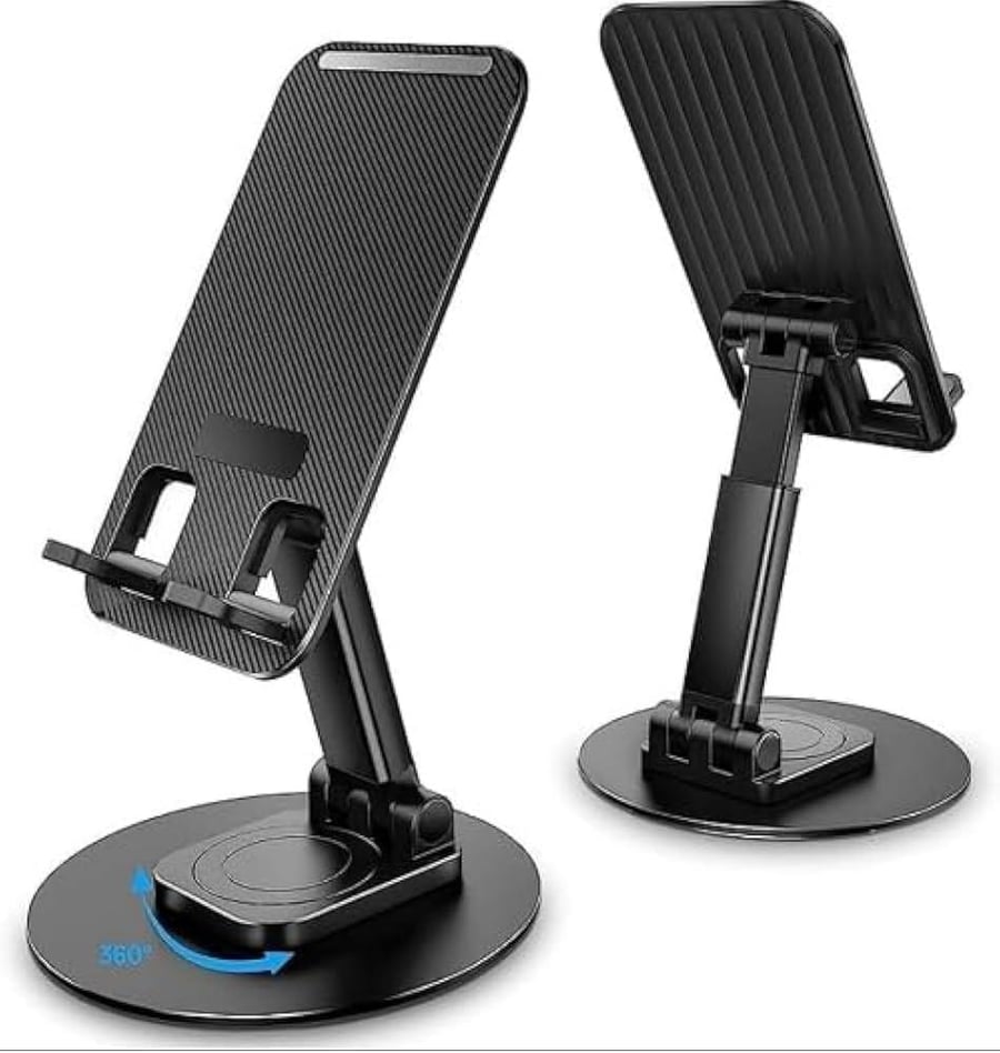 Desktop holder foldable and rotatable for mobiles and tablets (4-12.9 inch) - adjustable height, 360-degree rotation, stable base, comfortable design, space-saving, aluminum