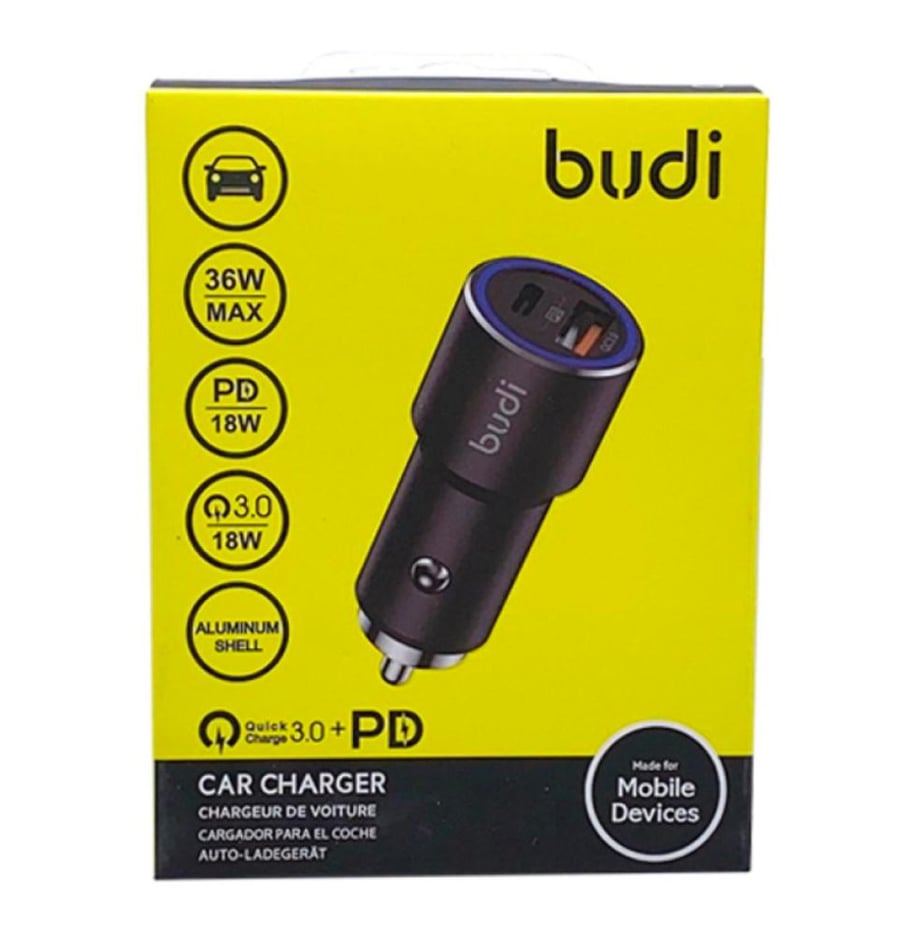 Fast car charger from Budi, Type-C port + USB port
