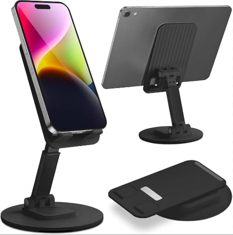 Desktop holder foldable and rotatable for mobiles and tablets (4-12.9 inch) - adjustable height, 360-degree rotation, stable base, comfortable design, space-saving, aluminum
