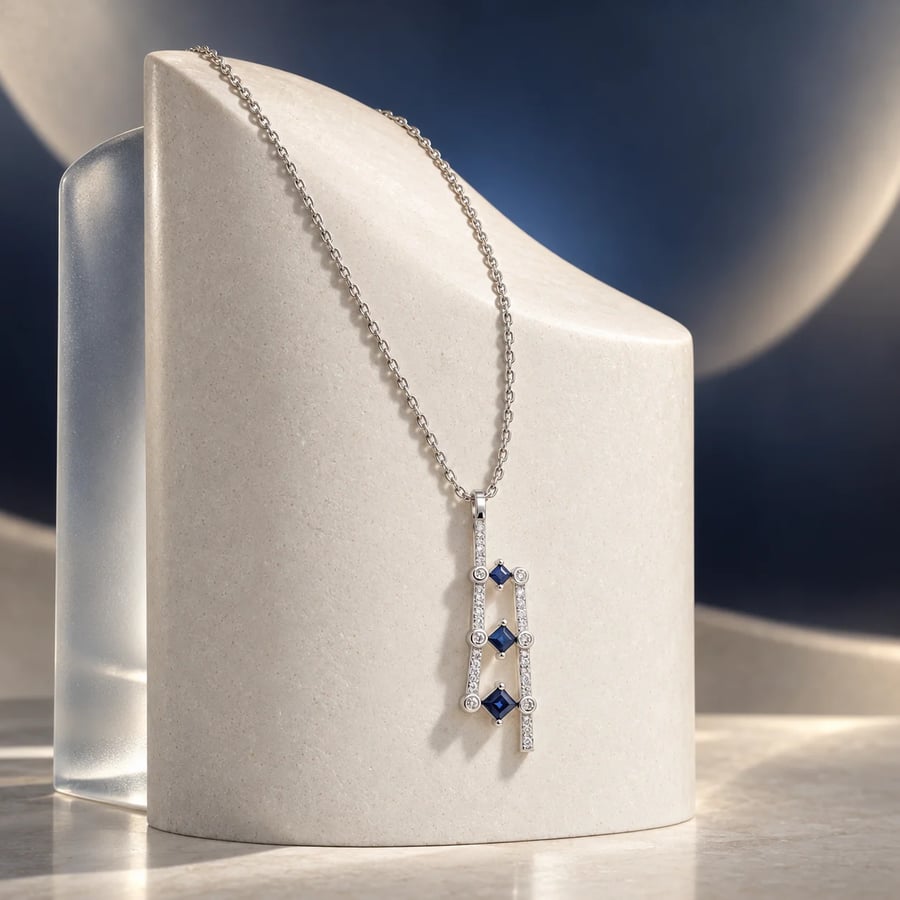 عقد ذهب أبيض عيار 18 وألماس وحجر كريم Blue Sapphireمن ميلااورو – JMON0202PWASH