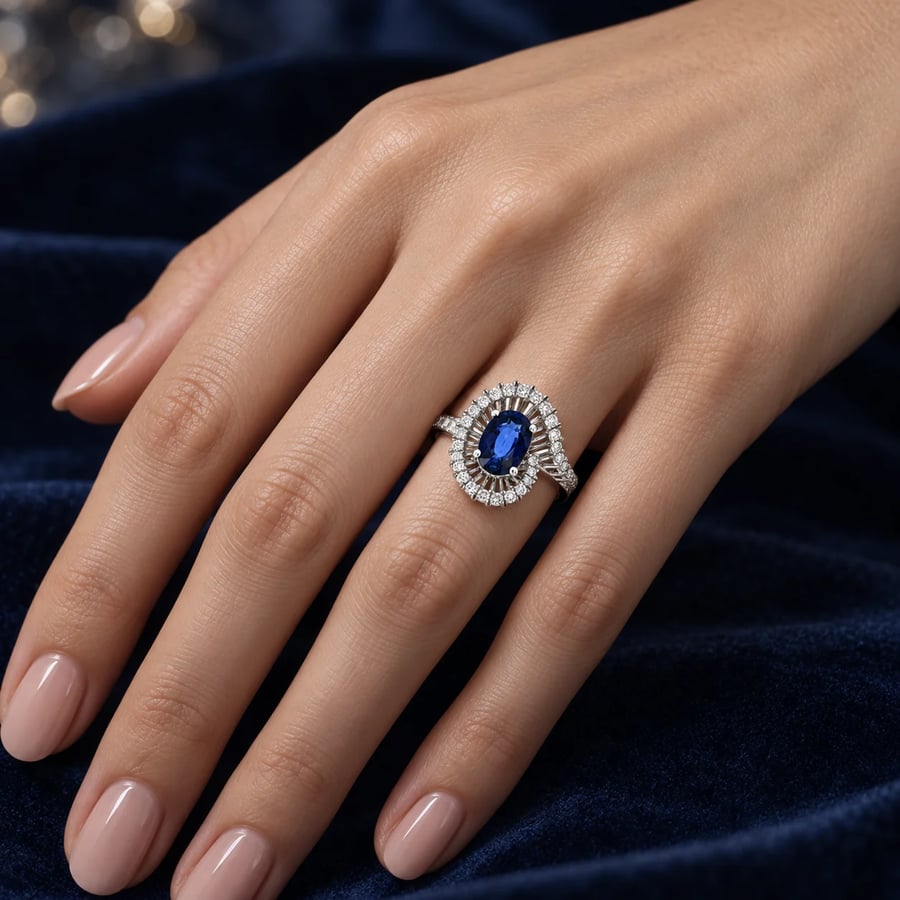 خاتم ذهب أبيض عيار 18 وألماس وحجر كريم Blue Sapphire من فرانك روشا – JFRR0585PWSSH