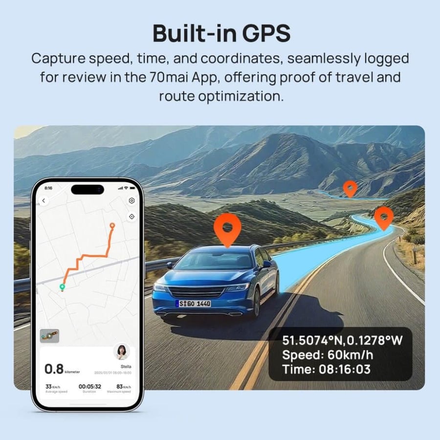 داش كام 70mai A800SE أمامية وخلفية بدقة 4K بالمكثف مع GPS ورؤية ليلية