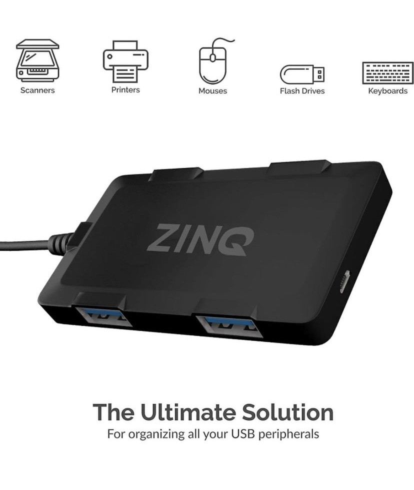 زينك تكنولوجيز موزع USB رفيع للغاية بـ 4 منافذ عالية السرعة لاجهزة اللابتوب والكمبيوتر من زد كيو 4 اتش (اسود )