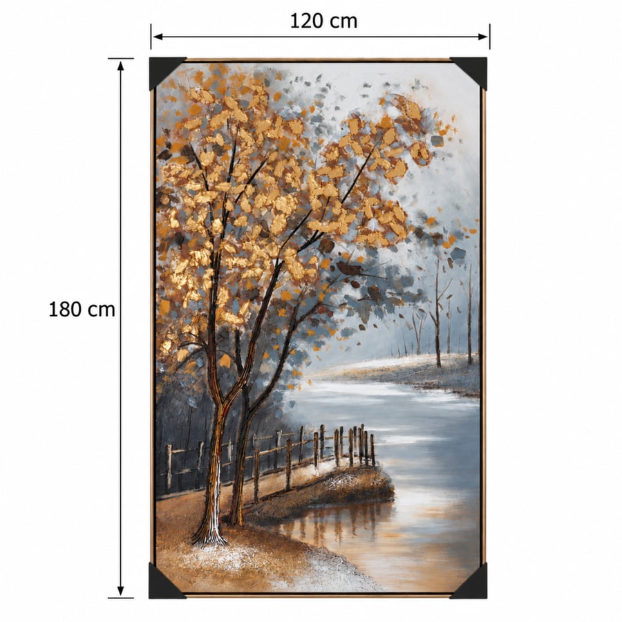 لوحة كانفس أنيقة بإطار خشبي، بتصميم طبيعي هادئ يجسد أشجارًا بأوراق ذهبية بجانب بحيرة ساكنة. تجمع بين درجات الذهبي والرمادي والأزرق الهادئ، لتضيف لمسة فنية دافئة وراقية لديكور المنزل.