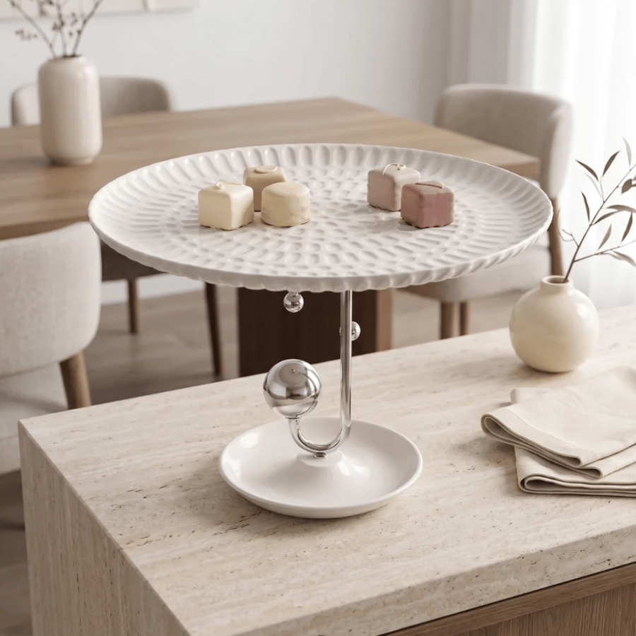 صحن تقديم مرتفع بتصميم أنيق باللون العاجي، يتميز بسطح دائري مزخرف وقاعدة معدنية بتفاصيل فضية لامعة