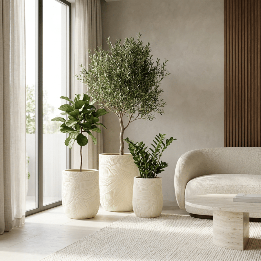 طقم مراكن زرع بتصميم أنيق بنقشة أوراق بارزة، يضفي لمسة طبيعية راقية على المساحات الداخلية والخارجية.